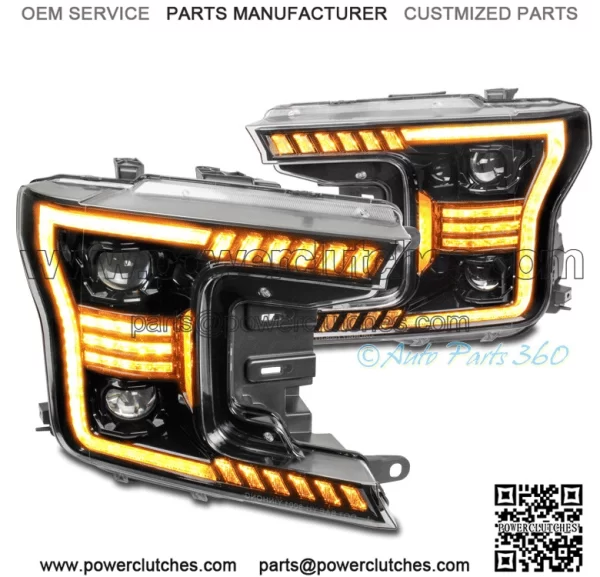 For Ford F-150 Pickup 18-20 Amber LED Tubular Spotlight Headlights Black (For Ford F-150)