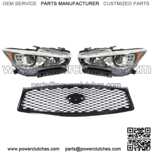 Pair Headlights+Front Upper Grille For 2014-2016 2017 Infiniti Q50 w/o AFS LH+RH