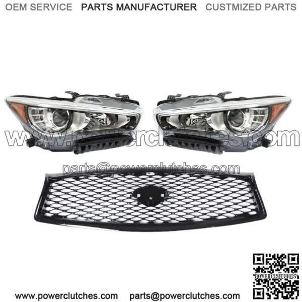 Pair Headlights+Front Upper Grille For 2014-2016 2017 Infiniti Q50 w/o AFS LH+RH