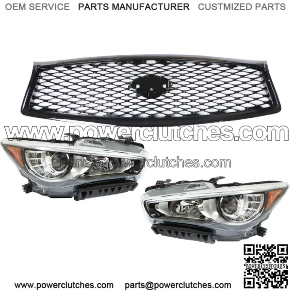 Pair Headlights+Front Upper Grille For 2014-2016 2017 Infiniti Q50 w/o AFS LH+RH - Image 2