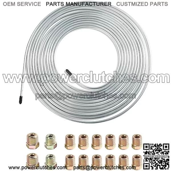 25ft Flexible Tubing Roll, 1/4" Brake Line Tubing Kit, Copper Plated Alloy Brake Line Spool with 16 Inverted Flare Fittings, Fuel Line Spool (Silver)